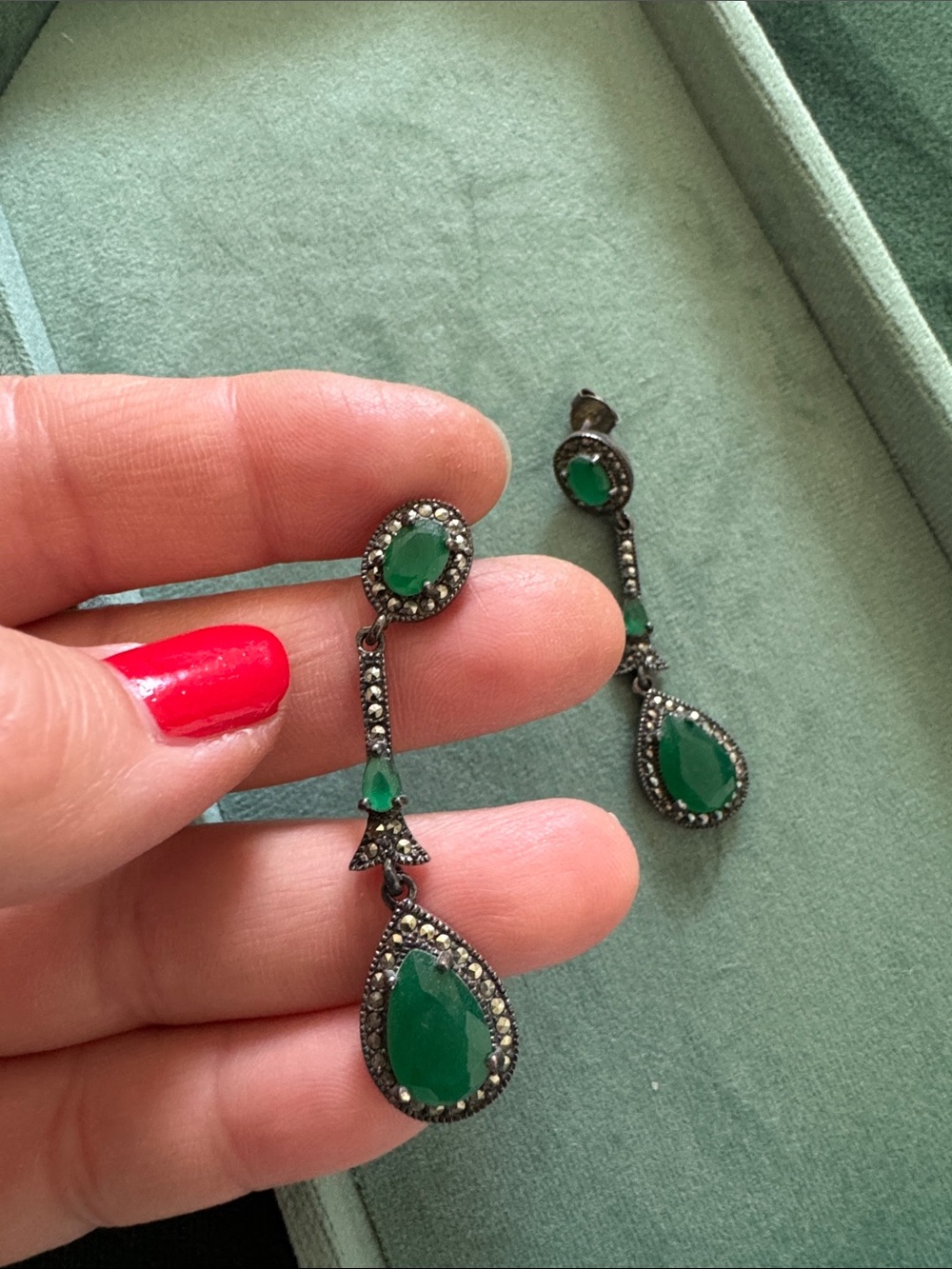 Green Teardrop Drop Earrings by - Picture 3 of 4